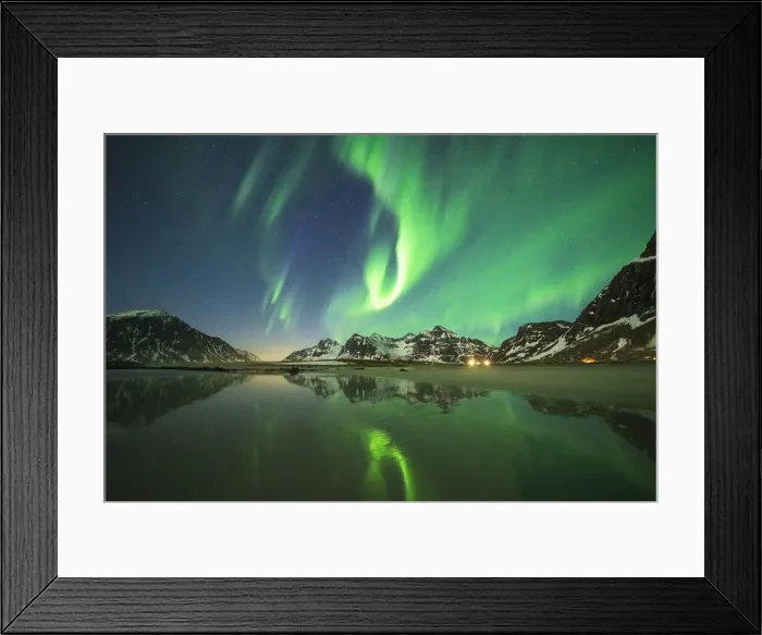 Framed Print : Bright night sky with Aurora Borealis (Northern Lights) over mountains and Skagsanden beach, Flakstad, Lofoten Islands, Norway, Scandinavia, Europe Framed Print : Bright night sky with Aurora Borealis (Northern Lights) over mountains and Skagsanden beach, Flakstad, Lofoten Islands, Norway, Scandinavia, Europe