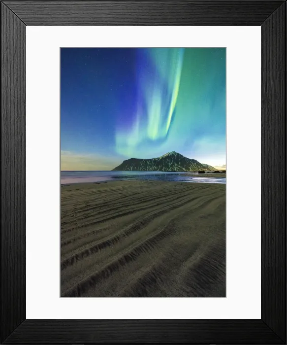 Framed Print : Rough sand of Skagsanden beach lit by green lights of Aurora Borealis (Northern Lights), Flakstad, Lofoten Islands, Norway, Scandinavia, Europe Framed Print : Rough sand of Skagsanden beach lit by green lights of Aurora Borealis (Northern Lights), Flakstad, Lofoten Islands, Norway, Scandinavia, Europe