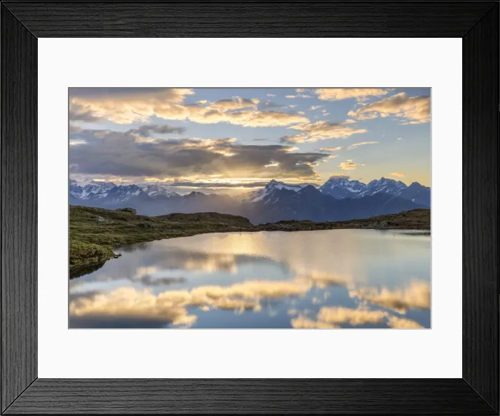 Framed Print : The sun and clouds is reflected in the Arcoglio Lake at sunrise, Valmalenco, Valtellina, Lombardy, Italy, Europe Framed Print : The sun and clouds is reflected in the Arcoglio Lake at sunrise, Valmalenco, Valtellina, Lombardy, Italy, Europe