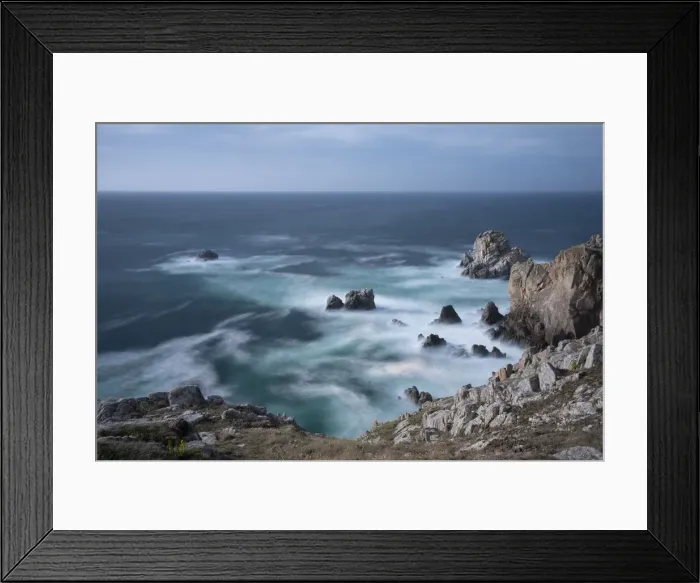 Framed Print : Long exposure on water with cliffs and many rocks, France, Europe Framed Print : Long exposure on water with cliffs and many rocks, France, Europe