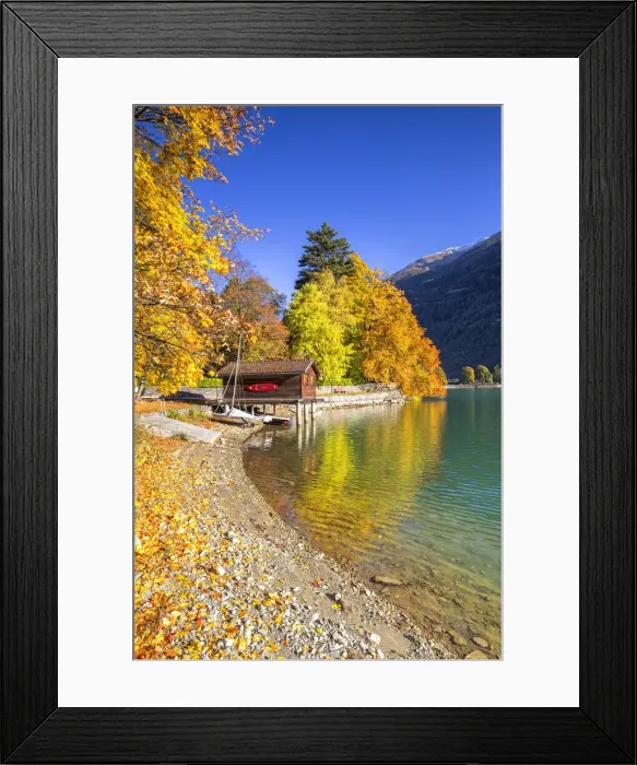 Framed Print : House on stilts on the shore of Lake Poschiavo in autumn, Valposchiavo, Canton of Graubunden, Switzerland, Europe Framed Print : House on stilts on the shore of Lake Poschiavo in autumn, Valposchiavo, Canton of Graubunden, Switzerland, Europe