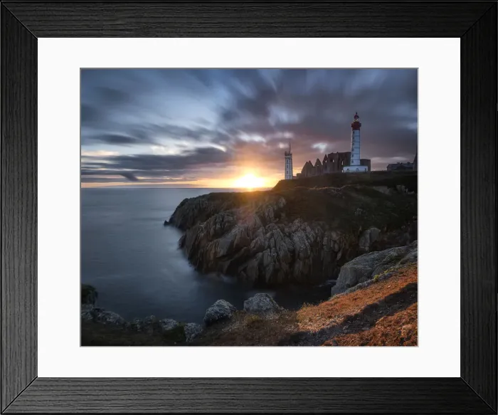 Framed Print : Long exposure panorama of a sunset with coloured clouds at Saint Mathieu Lighthouse, Finistere, Brittany, France, Europe Framed Print : Long exposure panorama of a sunset with coloured clouds at Saint Mathieu Lighthouse, Finistere, Brittany, France, Europe
