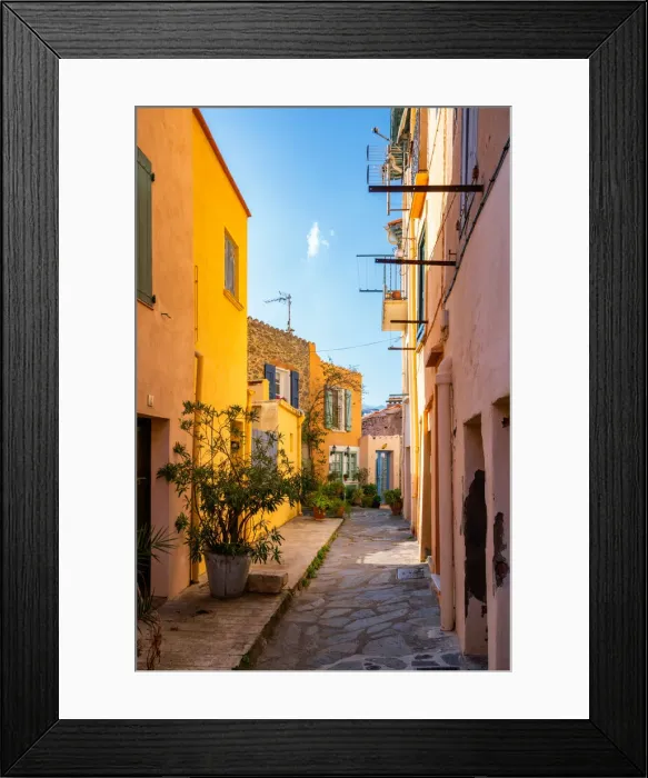 Framed Print : Traditional village street with colorful houses, Collioure, Pyrenees Orientales, France, Europe Framed Print : Traditional village street with colorful houses, Collioure, Pyrenees Orientales, France, Europe
