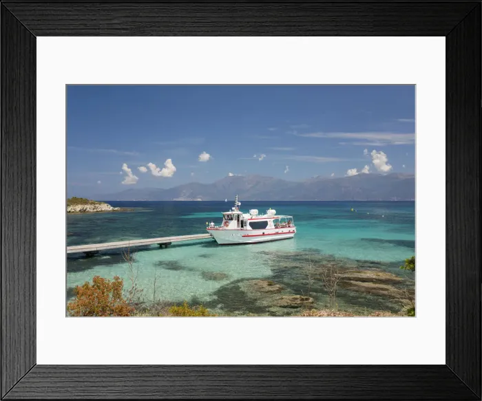 Framed Print : Excursion boat moored at jetty in clear turquoise water off the Plage du Loto, St-Florent, Haute-Corse, Corsica, France, Mediterranean, Europe Framed Print : Excursion boat moored at jetty in clear turquoise water off the Plage du Loto, St-Florent, Haute-Corse, Corsica, France, Mediterranean, Europe