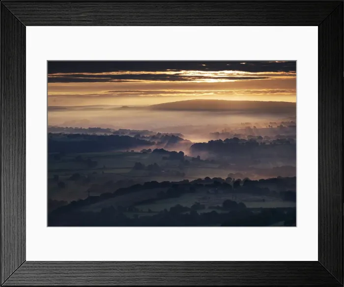 Framed Print : Morning sunbeams and early morning fog cover the Cheshire Plain at sunrise, from Bosley Cloud, Cheshire, England, United Kingdom, Europe Framed Print : Morning sunbeams and early morning fog cover the Cheshire Plain at sunrise, from Bosley Cloud, Cheshire, England, United Kingdom, Europe