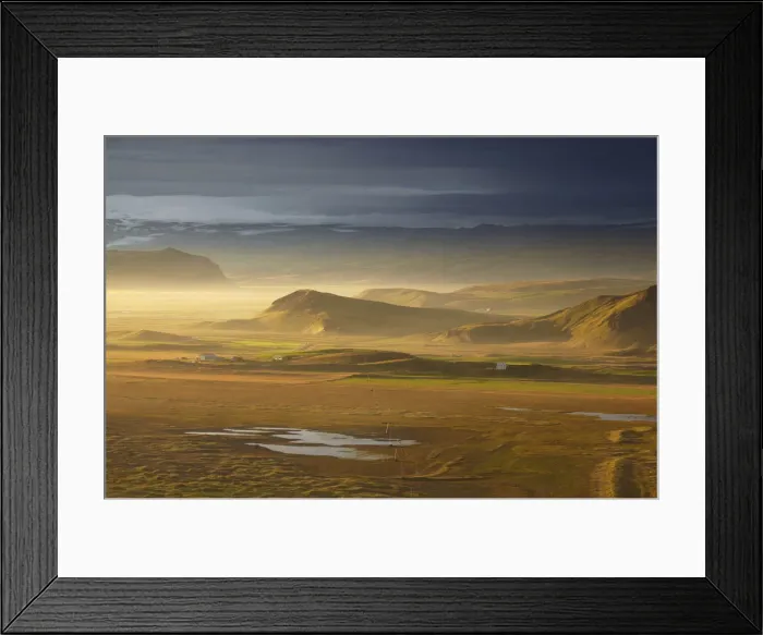 Framed Print : An inland view towards Mydralsjokull, seen from Dyrholaey Island, just before sunset, near Vik, southern Iceland, Polar Regions Framed Print : An inland view towards Mydralsjokull, seen from Dyrholaey Island, just before sunset, near Vik, southern Iceland, Polar Regions
