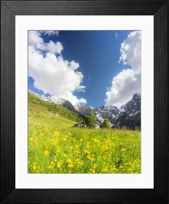 Framed Print : Lonely traditional group of huts in a wild alpine valley, Val d Arigna, Orobie, Valtellina, Lombardy, Italy, Europe Framed Print : Lonely traditional group of huts in a wild alpine valley, Val d Arigna, Orobie, Valtellina, Lombardy, Italy, Europe