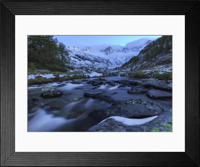 Framed Print : Mountain torrent at dusk in front snowy mountains, Valmasino, Valtellina, Lombardy, Italy, Europe Framed Print : Mountain torrent at dusk in front snowy mountains, Valmasino, Valtellina, Lombardy, Italy, Europe
