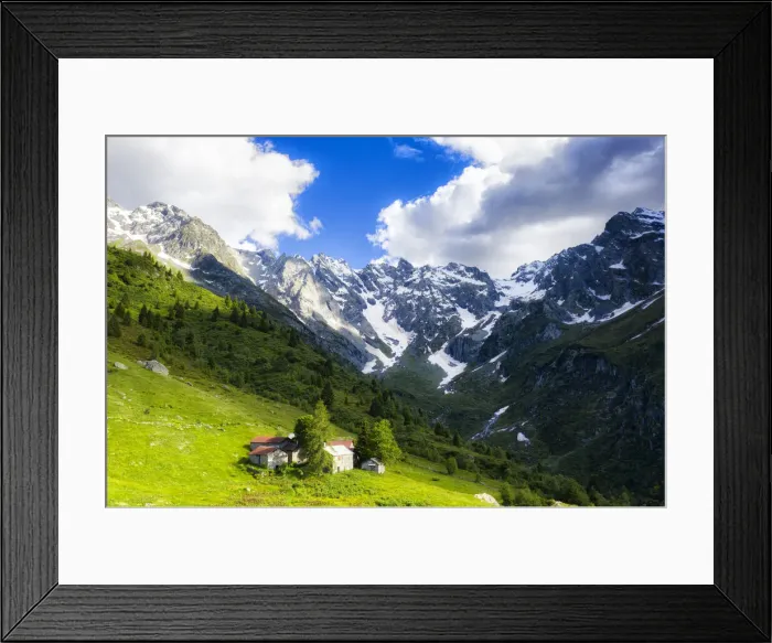 Framed Print : Lonely traditional group of huts in a wild alpine valley, Val d Arigna, Orobie, Valtellina, Lombardy, Italy. Europe Framed Print : Lonely traditional group of huts in a wild alpine valley, Val d Arigna, Orobie, Valtellina, Lombardy, Italy. Europe