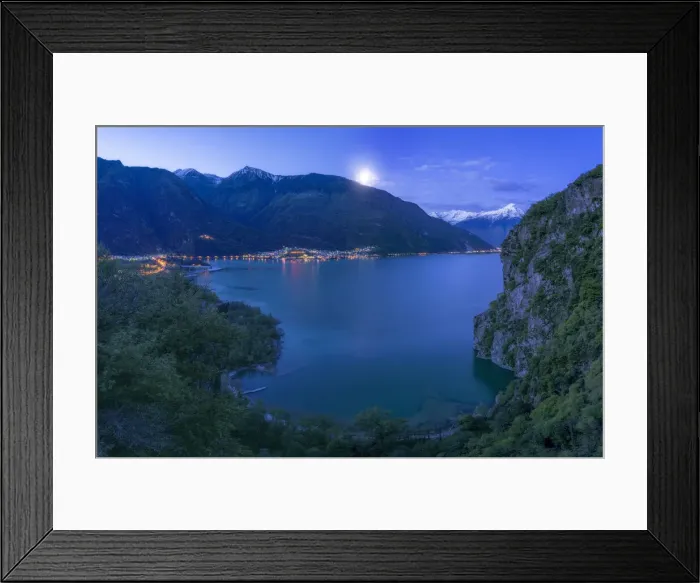 Framed Print : San Fedelino Bay from above illuminated by moon at twilight, Lago di Novate, Valchiavenna, Valtellina, Lombardy, Italy, Europe Framed Print : San Fedelino Bay from above illuminated by moon at twilight, Lago di Novate, Valchiavenna, Valtellina, Lombardy, Italy, Europe