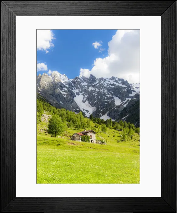 Framed Print : Lonely traditional hut in a wild alpine valley, Val d Arigna, Orobie, Valtellina, Lombardy, Italy. Europe Framed Print : Lonely traditional hut in a wild alpine valley, Val d Arigna, Orobie, Valtellina, Lombardy, Italy. Europe