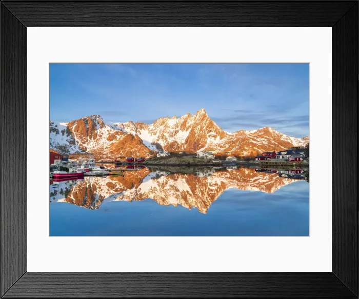 Framed Print : Majestic mountains and fishing village reflected in the cold sea, Ballstad, Vestvagoy, Lofoten Islands, Norway, Scandinavia, Europe Framed Print : Majestic mountains and fishing village reflected in the cold sea, Ballstad, Vestvagoy, Lofoten Islands, Norway, Scandinavia, Europe