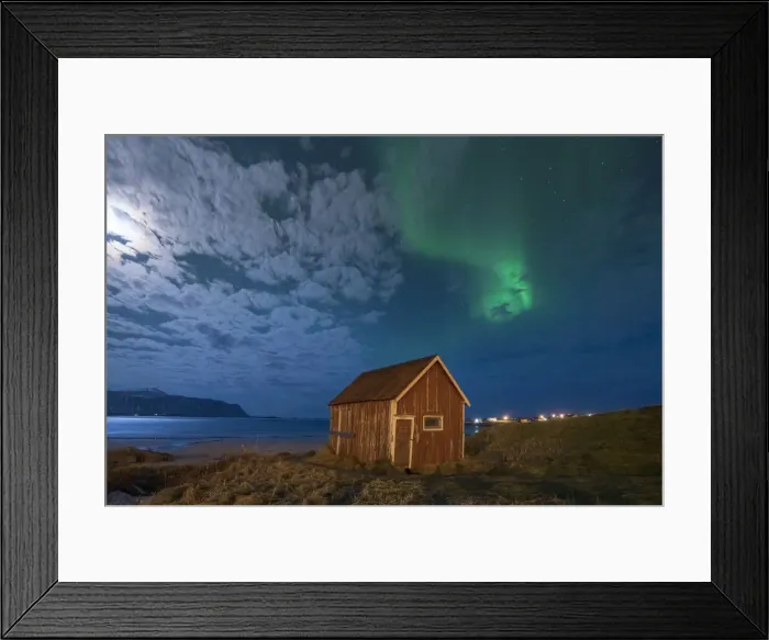 Framed Print : Red cabin under the bright night sky lit by moon and Aurora Borealis (Northern Lights), Ramberg, Nordland county, Lofoten Islands, Norway, Scandinavia, Europe Framed Print : Red cabin under the bright night sky lit by moon and Aurora Borealis (Northern Lights), Ramberg, Nordland county, Lofoten Islands, Norway, Scandinavia, Europe