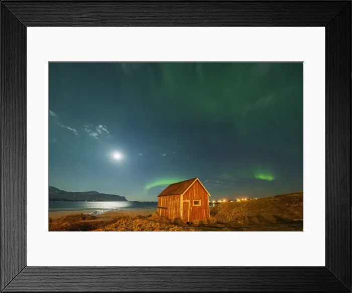 Framed Print : Red wood cabin on sand beach lit by moon during the Aurora Borealis (Northern Lights), Ramberg, Nordland county, Lofoten Islands, Norway, Scandinavia, Europe Framed Print : Red wood cabin on sand beach lit by moon during the Aurora Borealis (Northern Lights), Ramberg, Nordland county, Lofoten Islands, Norway, Scandinavia, Europe