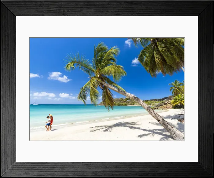 Framed Print : Cheerful little boy with mother walking on idyllic palm fringed beach, Antigua, Leeward Islands, West Indies, Caribbean, Central America Framed Print : Cheerful little boy with mother walking on idyllic palm fringed beach, Antigua, Leeward Islands, West Indies, Caribbean, Central America