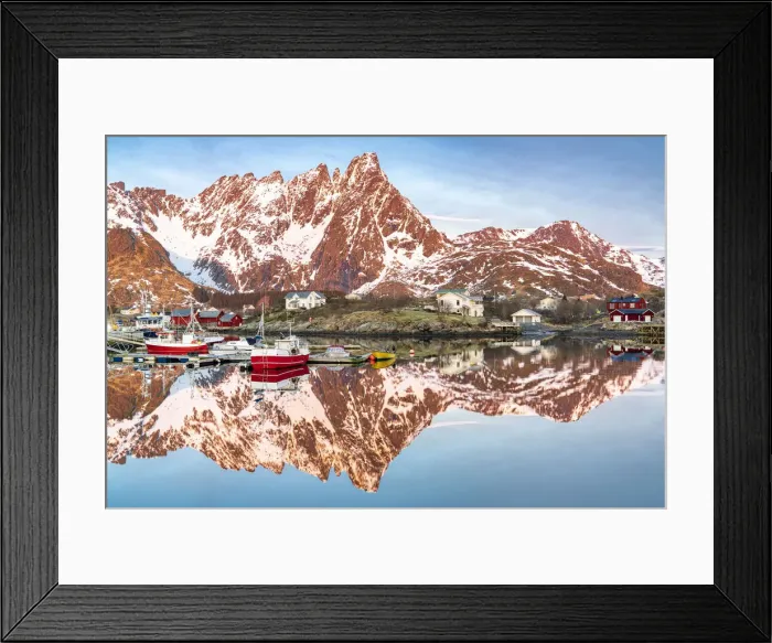 Framed Print : Fishing boats and snowcapped mountains mirrored in the fjord at sunrise, Ballstad, Vestvagoy, Lofoten Islands, Norway, Scandinavia, Europe Framed Print : Fishing boats and snowcapped mountains mirrored in the fjord at sunrise, Ballstad, Vestvagoy, Lofoten Islands, Norway, Scandinavia, Europe