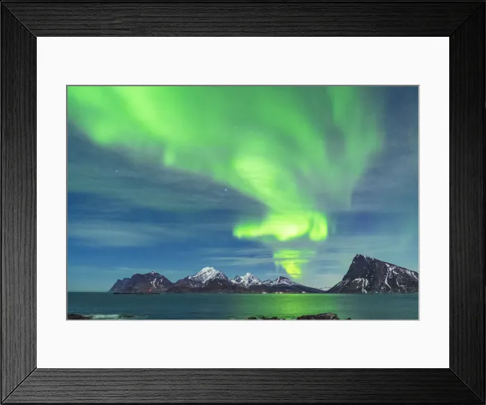Framed Print : Bright green lights of Aurora Borealis (Northern Lights) reflecting in the sea, Myrland, Leknes, Vestvagoy, Lofoten Islands, Norway, Scandinavia, Europe Framed Print : Bright green lights of Aurora Borealis (Northern Lights) reflecting in the sea, Myrland, Leknes, Vestvagoy, Lofoten Islands, Norway, Scandinavia, Europe