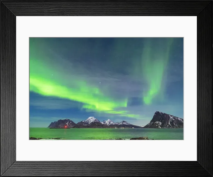 Framed Print : Starry sky with Aurora Borealis (Northern Lights) over mountains and cold sea, Myrland, Leknes, Vestvagoy, Lofoten Islands, Norway, Scandinavia, Europe Framed Print : Starry sky with Aurora Borealis (Northern Lights) over mountains and cold sea, Myrland, Leknes, Vestvagoy, Lofoten Islands, Norway, Scandinavia, Europe