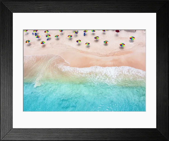 Framed Print : Multi colored umbrellas on tropical beach washed by waves of Caribbean Sea, aerial view, Antigua, West Indies, Caribbean, Central America Framed Print : Multi colored umbrellas on tropical beach washed by waves of Caribbean Sea, aerial view, Antigua, West Indies, Caribbean, Central America