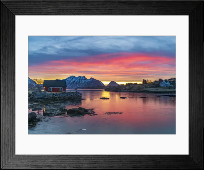 Framed Print : Fiery sky at sunrise over a red Rorbu facing the frozen sea, Ballstad, Vestvagoy, Lofoten Islands, Norway, Scandinavia, Europe Framed Print : Fiery sky at sunrise over a red Rorbu facing the frozen sea, Ballstad, Vestvagoy, Lofoten Islands, Norway, Scandinavia, Europe