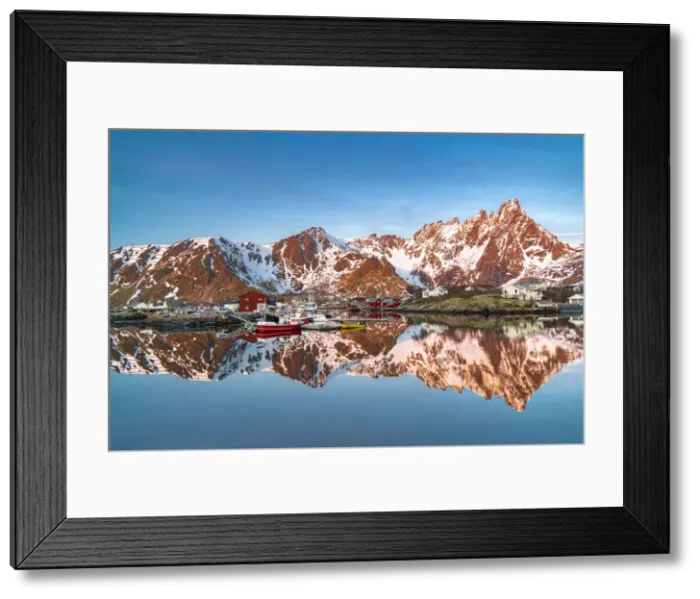 Framed Print : Mountains reflected in the cold sea at sunrise, Ballstad, Vestvagoy, Lofoten Islands, Norway, Scandinavia, Europe Framed Print : Mountains reflected in the cold sea at sunrise, Ballstad, Vestvagoy, Lofoten Islands, Norway, Scandinavia, Europe