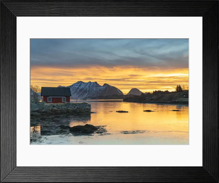Framed Print : Snowcapped mountains and fishermans red cabin under the burning sky at dawn, Ballstad, Vestvagoy, Lofoten Islands, Norway, Scandinavia, Europe Framed Print : Snowcapped mountains and fishermans red cabin under the burning sky at dawn, Ballstad, Vestvagoy, Lofoten Islands, Norway, Scandinavia, Europe