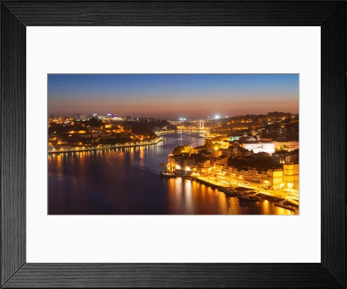 Framed Print : Skyline of the historic city of Porto at night with the bridge Ponte de Arrabida in the background, Oporto, Portugal, Europe Framed Print : Skyline of the historic city of Porto at night with the bridge Ponte de Arrabida in the background, Oporto, Portugal, Europe