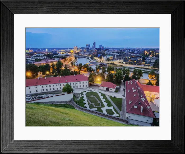 Framed Print : View over Neris River towards Snipiskes, New City Centre, dusk, Vilnius, Lithuania, Europe