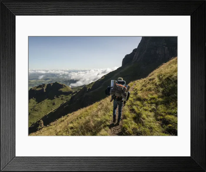 Framed Print : Hiking up to the Amphitheatre, Drakensberg Mountains, Royal Natal National Park, KwaZulu-Natal Province, South Africa, Africa