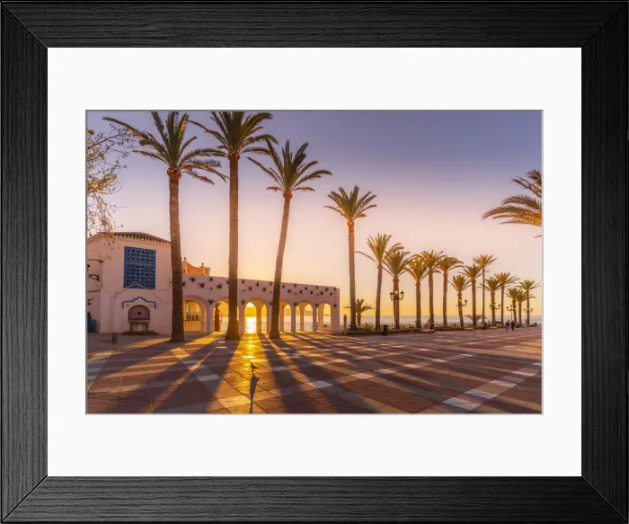 Framed Print : View of Plaza Balcon De Europa at sunrise in Nerja, Costa del Sol, Malaga Province, Andalusia, Spain, Mediterranean, Europe Framed Print : View of Plaza Balcon De Europa at sunrise in Nerja, Costa del Sol, Malaga Province, Andalusia, Spain, Mediterranean, Europe