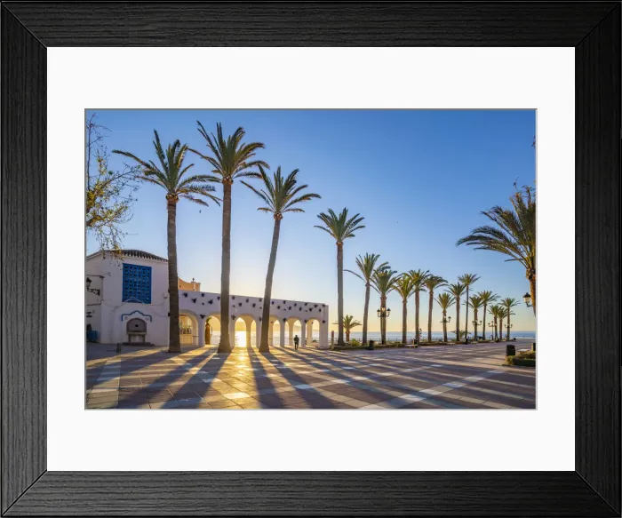 Framed Print : View of Plaza Balcon De Europa at sunrise in Nerja, Costa del Sol, Malaga Province, Andalusia, Spain, Mediterranean, Europe Framed Print : View of Plaza Balcon De Europa at sunrise in Nerja, Costa del Sol, Malaga Province, Andalusia, Spain, Mediterranean, Europe
