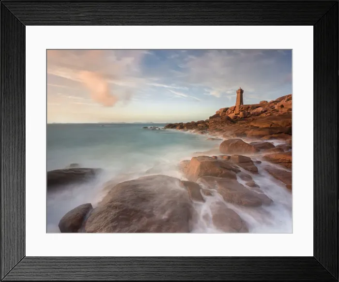 Framed Print : Sunset long exposure at Ploumanach lighthouse with the pink granite coast, Cotes d Armor, Brittany, France, Europe