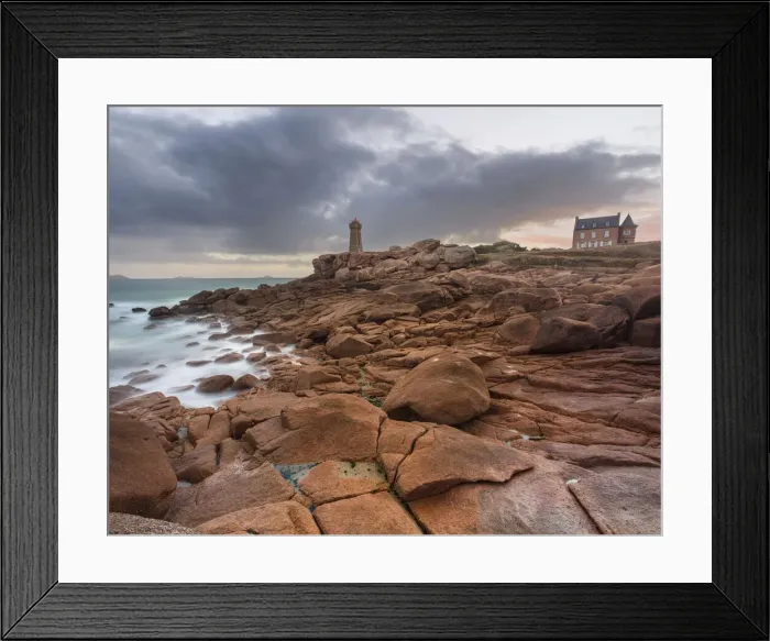 Framed Print : Sunrise long exposure at Ploumanach lighthouse and a house over the pink granite coast, Cotes d Armor, Brittany, France, Europe Framed Print : Sunrise long exposure at Ploumanach lighthouse and a house over the pink granite coast, Cotes d Armor, Brittany, France, Europe