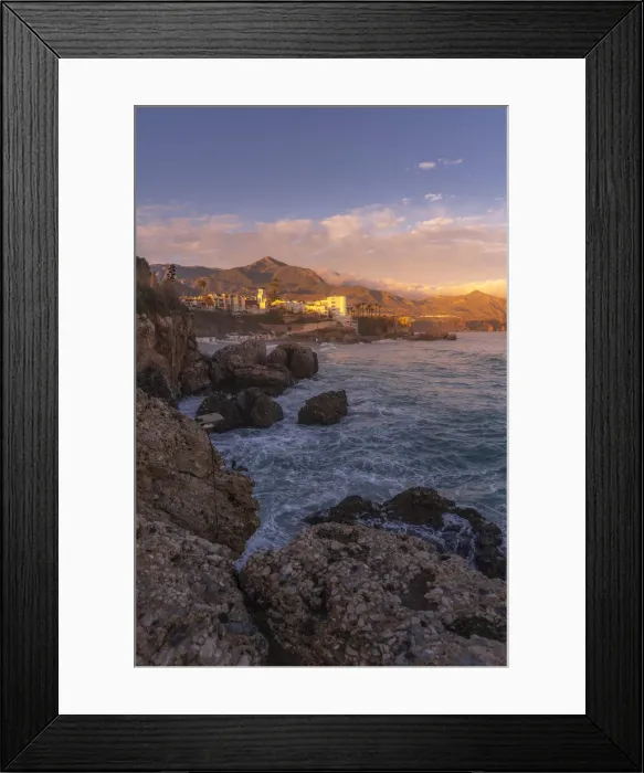 Framed Print : View of Parroquia El Salvador and coastline at sunset in Nerja, Nerja, Malaga Province, Andalucia, Spain, Mediterranean, Europe Framed Print : View of Parroquia El Salvador and coastline at sunset in Nerja, Nerja, Malaga Province, Andalucia, Spain, Mediterranean, Europe
