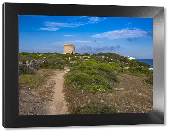 View of Torre de Son Ganxo and lighthouse on Illa de I Aire, Punta Prima, Menorca, Balearic Islands, Spain, Mediterranean, Europe