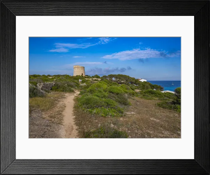 Framed Print : View of Torre de Son Ganxo and lighthouse on Illa de I Aire, Punta Prima, Menorca, Balearic Islands, Spain, Mediterranean, Europe Framed Print : View of Torre de Son Ganxo and lighthouse on Illa de I Aire, Punta Prima, Menorca, Balearic Islands, Spain, Mediterranean, Europe