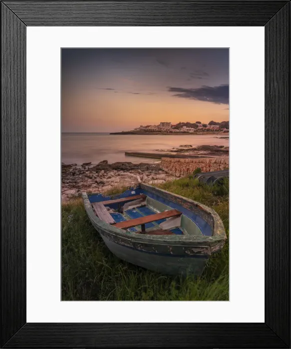Framed Print : View of Playa Punta Prima and rowing boat at dusk, Punta Prima, Menorca, Balearic Islands, Spain, Mediterranean, Europe Framed Print : View of Playa Punta Prima and rowing boat at dusk, Punta Prima, Menorca, Balearic Islands, Spain, Mediterranean, Europe