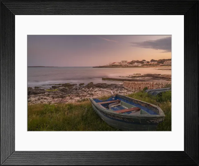 Framed Print : View of Playa Punta Prima and rowing boat at dusk, Punta Prima, Menorca, Balearic Islands, Spain, Mediterranean, Europe Framed Print : View of Playa Punta Prima and rowing boat at dusk, Punta Prima, Menorca, Balearic Islands, Spain, Mediterranean, Europe