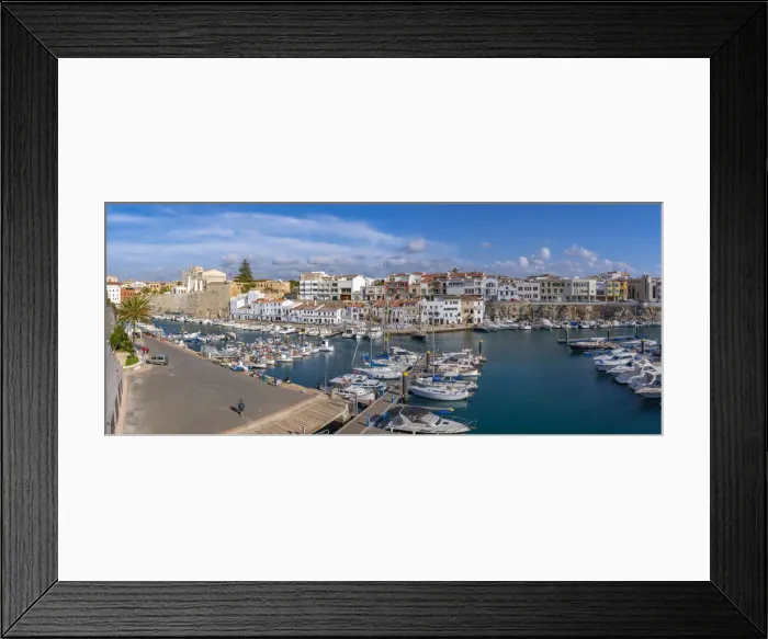 Framed Print : View of boats in marina and whitewashed houses from elevated position, Ciutadella, Menorca, Balearic Islands, Spain, Mediterranean, Europe