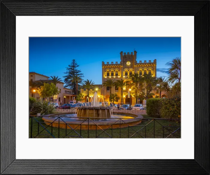 Framed Print : View of fountain and Town Hall in Placa des Born at dusk, Ciutadella, Menorca, Balearic Islands, Spain, Mediterranean, Europe Framed Print : View of fountain and Town Hall in Placa des Born at dusk, Ciutadella, Menorca, Balearic Islands, Spain, Mediterranean, Europe