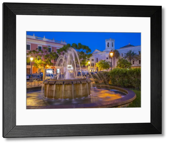Framed Print : View of fountain and church bell tower in Placa des Born at dusk, Ciutadella, Menorca, Balearic Islands, Spain, Mediterranean, Europe Framed Print : View of fountain and church bell tower in Placa des Born at dusk, Ciutadella, Menorca, Balearic Islands, Spain, Mediterranean, Europe