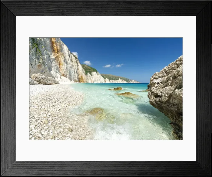 Framed Print : Waves of the turquoise clear sea washing the white stones of Fteri Beach, Kefalonia, Ionian Islands, Greek Islands, Greece, Europe Framed Print : Waves of the turquoise clear sea washing the white stones of Fteri Beach, Kefalonia, Ionian Islands, Greek Islands, Greece, Europe
