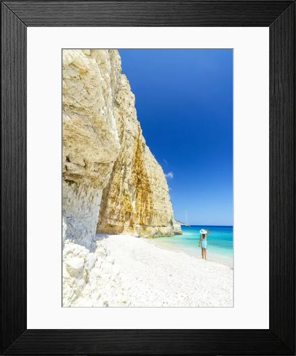 Framed Print : Woman admiring the white limestone cliffs standing on Fteri Beach, Kefalonia, Ionian Islands, Greek Islands, Greece, Europe Framed Print : Woman admiring the white limestone cliffs standing on Fteri Beach, Kefalonia, Ionian Islands, Greek Islands, Greece, Europe