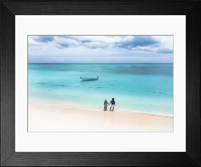 Framed Print : Man and woman holding hands on a tropical beach admiring the crystal clear sea, aerial view, Antigua and Barbuda, West Indies, Caribbean, Central America Framed Print : Man and woman holding hands on a tropical beach admiring the crystal clear sea, aerial view, Antigua and Barbuda, West Indies, Caribbean, Central America