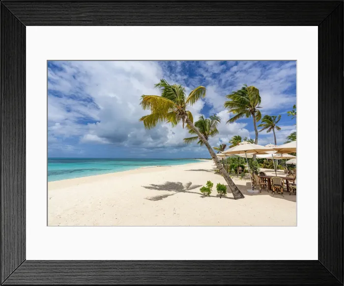 Framed Print : Open air restaurant of luxury resort on a palm fringed beach, Barbuda, Antigua and Barbuda, West Indies, Caribbean, Central America