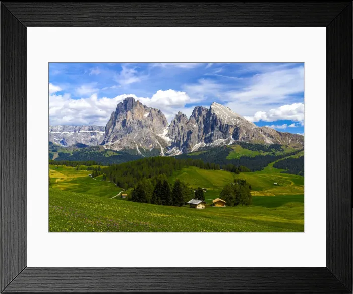 Framed Print : Huts in the flowering spring meadows of Seiser Alm with Sassolungo and Sassopiatto in background, Dolomites, South Tyrol, Italy, Europe Framed Print : Huts in the flowering spring meadows of Seiser Alm with Sassolungo and Sassopiatto in background, Dolomites, South Tyrol, Italy, Europe