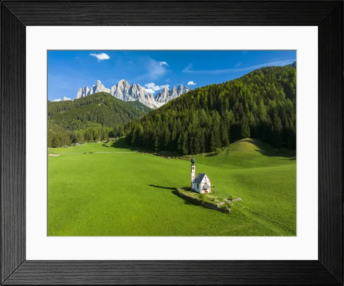 Framed Print : Aerial view of the Odle and iconic chapel of St. John in Ranui in spring, St. Magdalena, Funes Valley, Dolomites, South Tyrol, Italy, Europe Framed Print : Aerial view of the Odle and iconic chapel of St. John in Ranui in spring, St. Magdalena, Funes Valley, Dolomites, South Tyrol, Italy, Europe