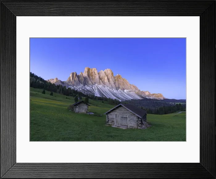 Framed Print : Sunrise over the Odle group and mountain huts in spring, Gampen Alm, Funes Valley, Dolomites, South Tyrol, Italy, Europe Framed Print : Sunrise over the Odle group and mountain huts in spring, Gampen Alm, Funes Valley, Dolomites, South Tyrol, Italy, Europe
