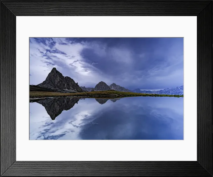 Framed Print : Ra Gusela and Tofane mountain peaks reflected in water under the cloudy sky at dusk, Giau Pass, Dolomites, Veneto, Italy, Europe Framed Print : Ra Gusela and Tofane mountain peaks reflected in water under the cloudy sky at dusk, Giau Pass, Dolomites, Veneto, Italy, Europe
