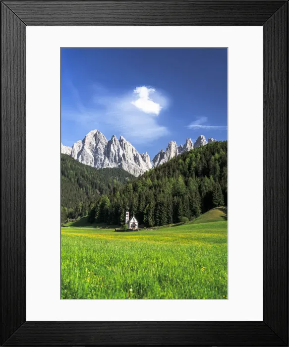 Framed Print : Flowering meadows in spring surrounding the small church of St. John in Ranui and Odle peaks, Funes Valley, Dolomites, South Tyrol, Italy, Europe Framed Print : Flowering meadows in spring surrounding the small church of St. John in Ranui and Odle peaks, Funes Valley, Dolomites, South Tyrol, Italy, Europe
